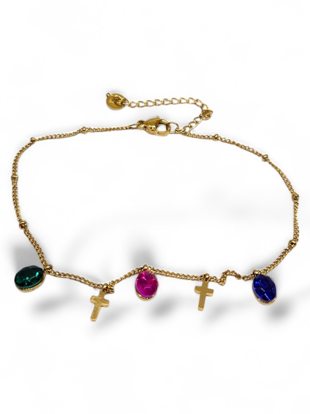 Gold-Plated Multi-Stone Cross Charm Anklet - Pink, Green & Blue